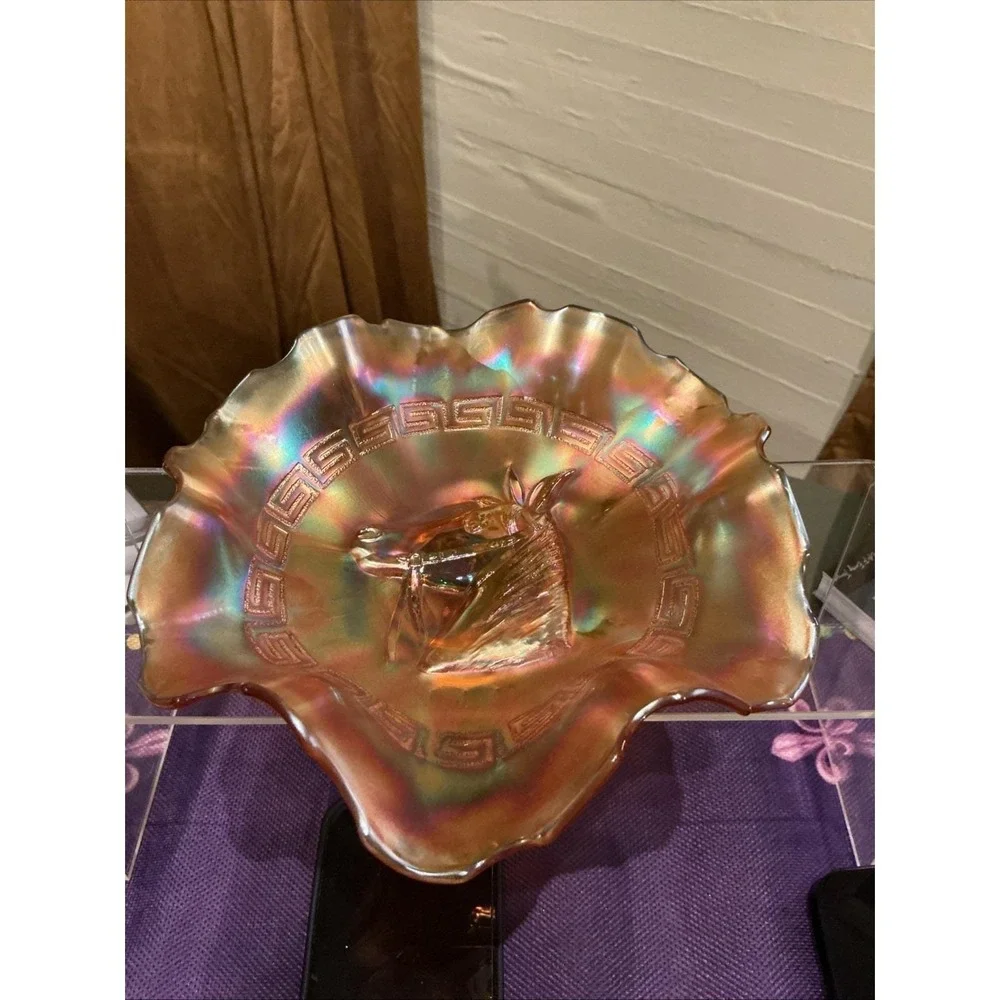 Dugan Carnival Glass Pony Horse‎ Head Ruffled Bowl Marigold Greek Key Iridescent